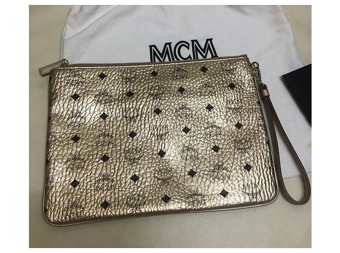 Borsa Clutch MCM Visetos in Pelle Dorata D'oro - vista 4