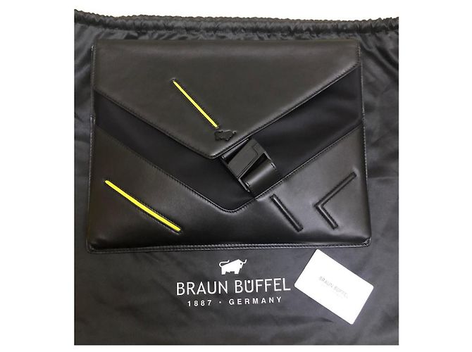 Autre Marque Clutch in pelle e nylon nera Braun Büffel con accenti gialli Nero - vista 10