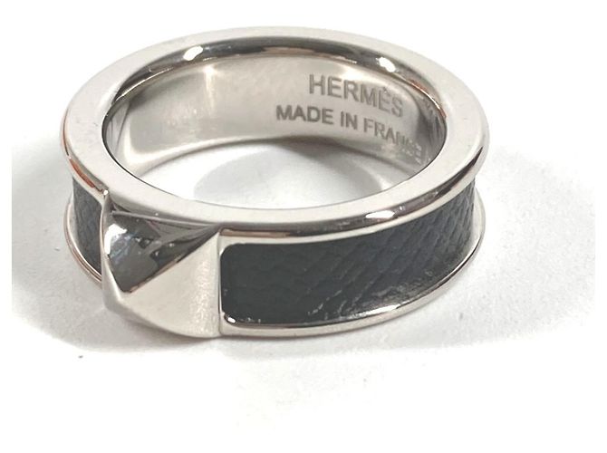 Hermès Athens Ring aus schwarzem Leder und Metall - Ansicht 2