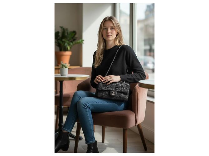 Sac Classique Intemporel Chanel Medium Double Flap en Cuir d'Agneau Noir Camélia avec Quincaillerie Argentée Bijouterie argentée - vue 3