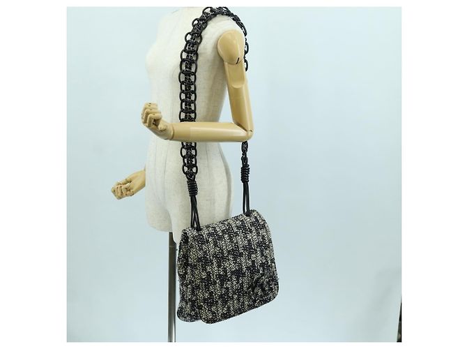 Borsa a Spalla CHANEL in tweed Bianco Nero CC Auth bs33641V - vista 27
