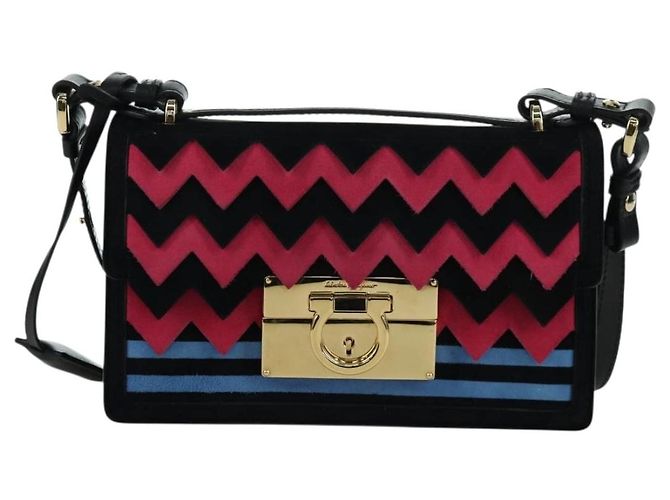 Borsa a Spalla Gancini in Camoscio Nero Rosa Oro Auth ARZ419M di Salvatore Ferragamo D'oro - vista 13