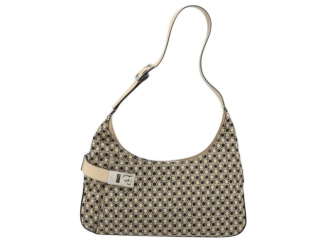 Borsa a Spalla Gancini in Tela Beige Argento Salvatore Ferragamo Auth ka2988 - vista 13