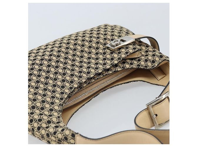 Borsa a Spalla Gancini in Tela Beige Argento Salvatore Ferragamo Auth ka2988 - vista 6