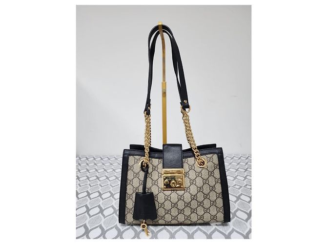 Padlock GUCCI GG Supreme Monogram Piccola Tote con Lucchetto Nera Marrone Beige - vista 13