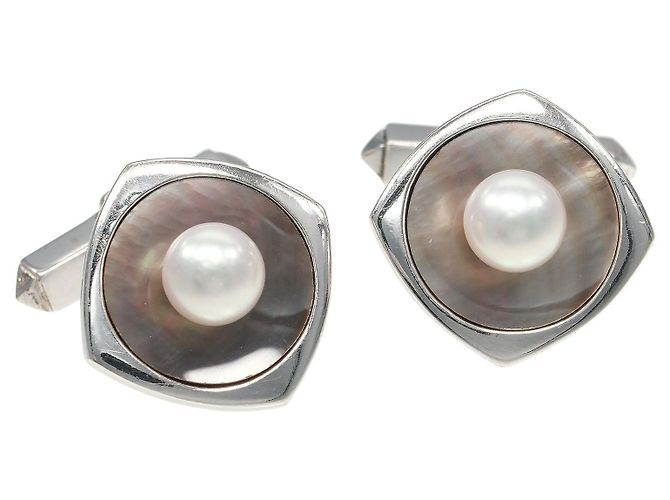 Gemelli in conchiglia d'argento con perle Mikimoto - vista 4