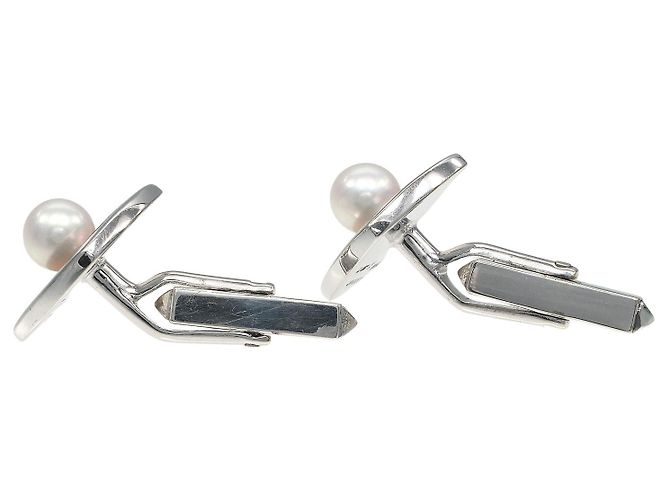 Gemelli in conchiglia d'argento con perle Mikimoto - vista 6