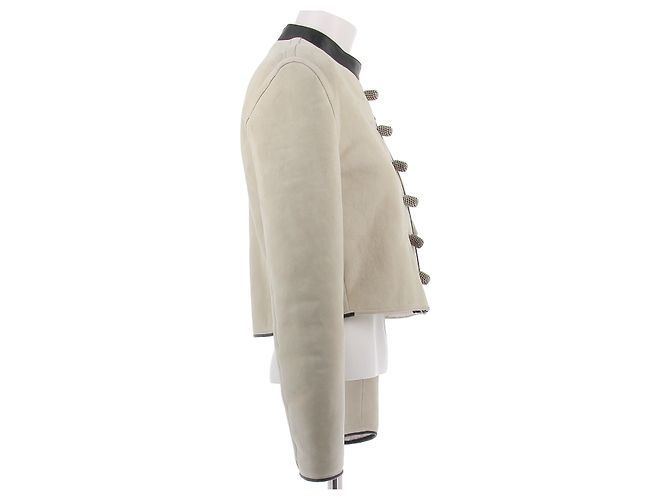 Giacca in pelle Louis Vuitton crema con colletto nero Beige - vista 3