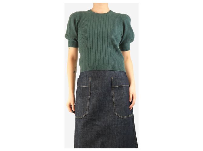 Paige Jeans Top de cachemira acanalada verde con mangas abullonadas - talla S - vista 3