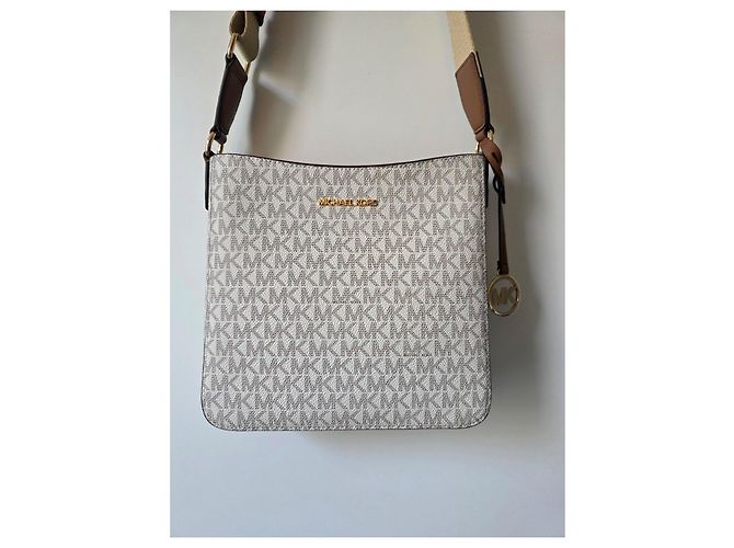 Borsa a Spalla Michael Kors Jet Set Travel in Tela Monogrammata Marrone Beige D'oro - vista 2