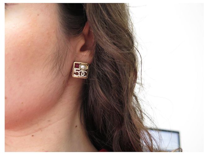 NUOVE ORECCHINI CHANEL LOGO CC QUADRATO NUM 5 STRASS PERLA D'oro - vista 11