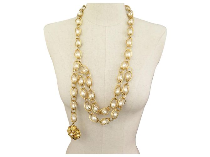VINTAGE CHANEL KETTE PERLEN IN KÄFIG GÜRTEL HALSKETTE PERLEN T110 Golden - Ansicht 2