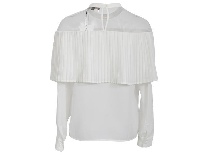 Blusa de manga larga en poliéster blanco con acentos de malla plisada Maje Crudo - vista 3