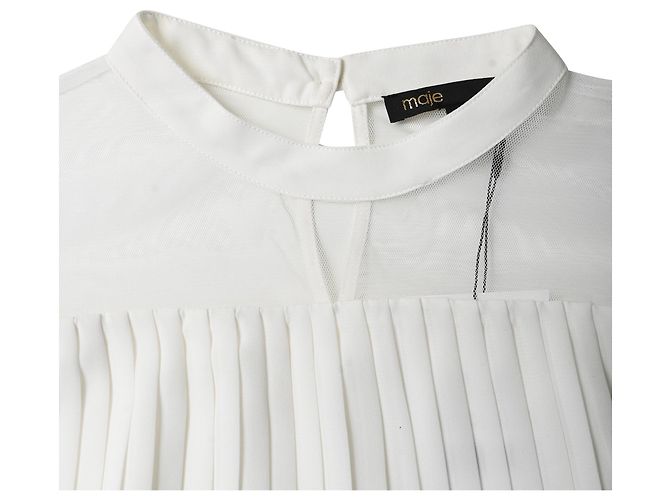 Blusa de manga larga en poliéster blanco con acentos de malla plisada Maje Crudo - vista 5