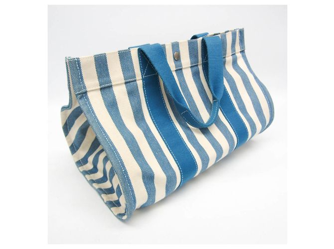 Borsa tote in tela di cotone Hermès Cannes MM per donne e uomini, blu, bianco - vista 7