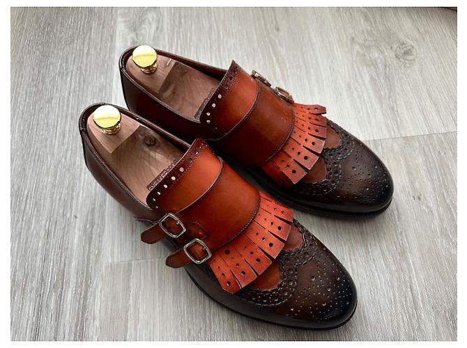 Mocassini Santoni in pelle marrone e bordeaux con nappe Caramello - vista 2