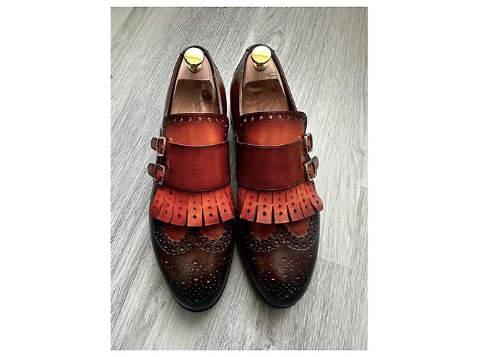 Mocassini Santoni in pelle marrone e bordeaux con nappe Caramello - vista 3