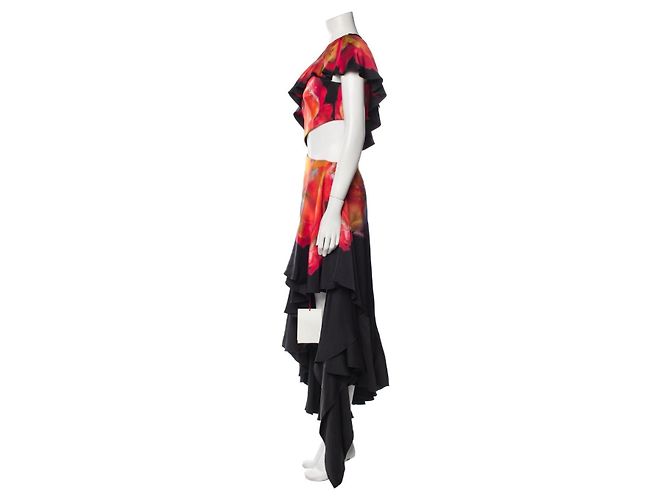 Vestido Alexander McQueen de seda con estampado de orquídeas Negro Roja Azul Amarillo - vista 2