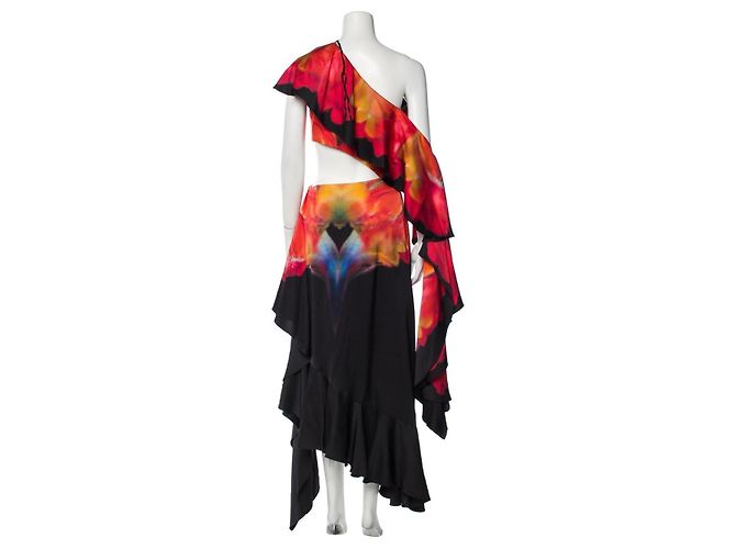 Vestido Alexander McQueen de seda con estampado de orquídeas Negro Roja Azul Amarillo - vista 3