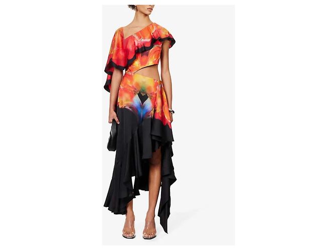 Vestido Alexander McQueen de seda con estampado de orquídeas Negro Roja Azul Amarillo - vista 6