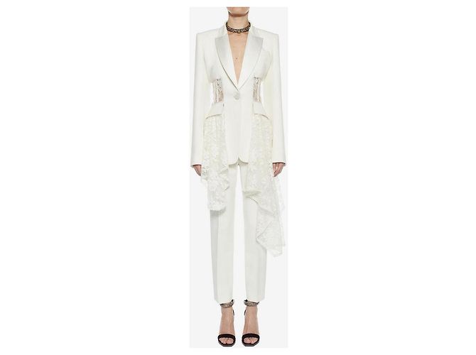 Blazer Corsé Drapeado de Encaje Alexander McQueen Beige Blanco - vista 6