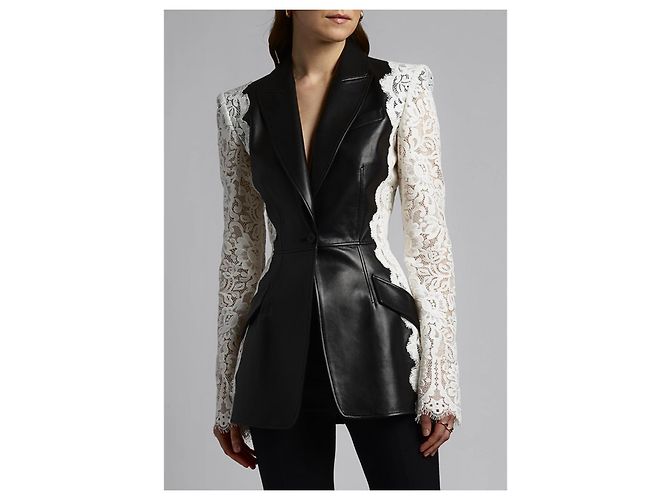 Giacca Alexander McQueen in pelle nera e pizzo bianco Nero - vista 6