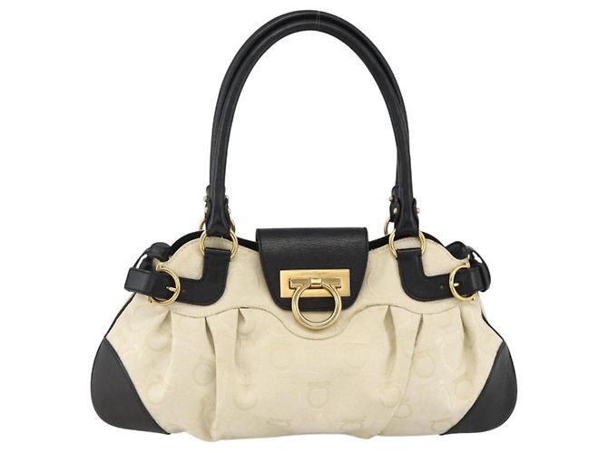 Borsa a mano Salvatore Ferragamo in tela beige e nera Auth ka2979 Nero - vista 13