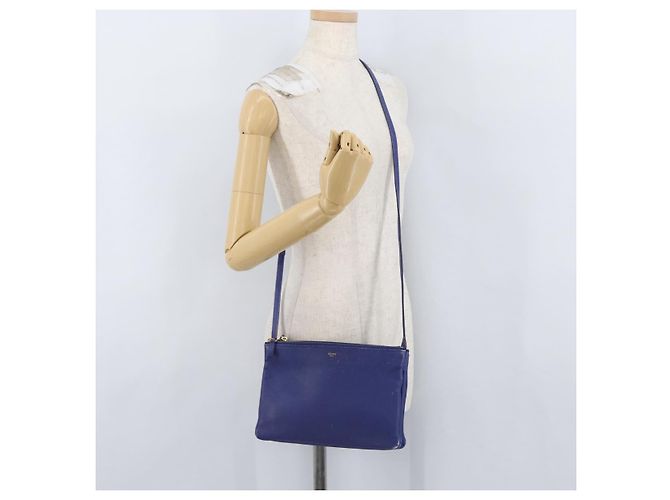 Céline Borsa a Spalla CELINE Trio in Pelle Blu Oro Auth ep13474 D'oro - vista 23