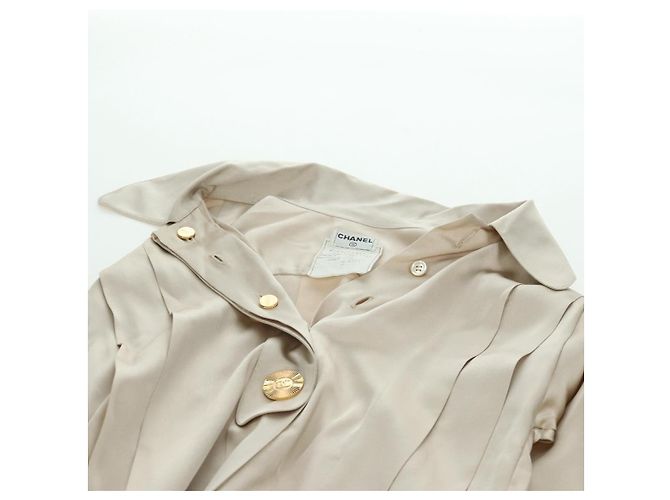 CHANEL COCO Marke Bluse Langarm-T-Shirt Seide Größe 38 Beige CC Auth ARZ187V - Ansicht 10
