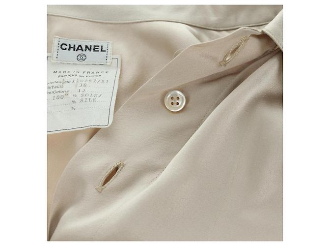CHANEL COCO Marke Bluse Langarm-T-Shirt Seide Größe 38 Beige CC Auth ARZ187V - Ansicht 11