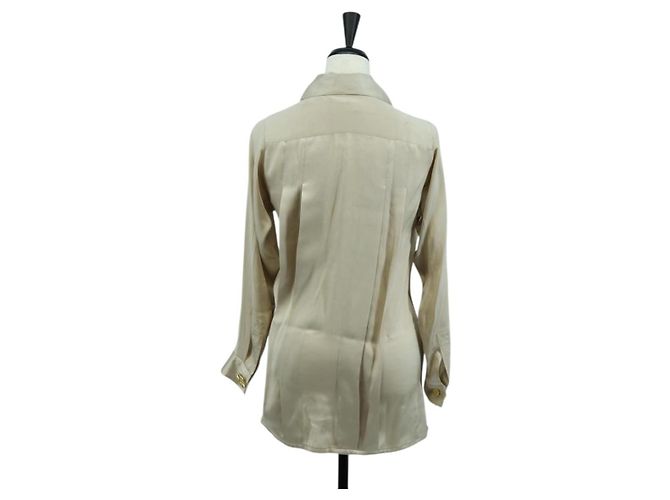 CHANEL COCO Marke Bluse Langarm-T-Shirt Seide Größe 38 Beige CC Auth ARZ187V - Ansicht 4