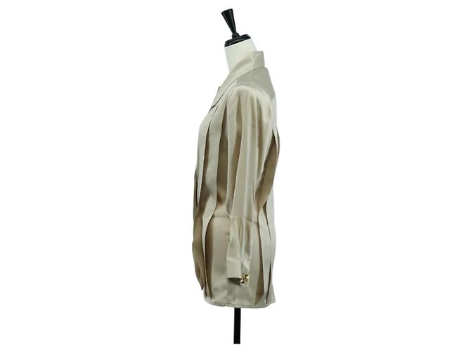 CHANEL COCO Marke Bluse Langarm-T-Shirt Seide Größe 38 Beige CC Auth ARZ187V - Ansicht 7