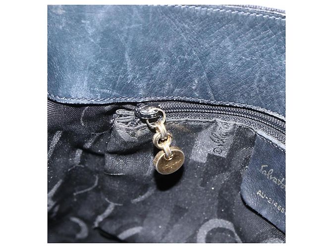 Borsa Tote Salvatore Ferragamo in tela blu navy oro Auth 173801 - vista 20