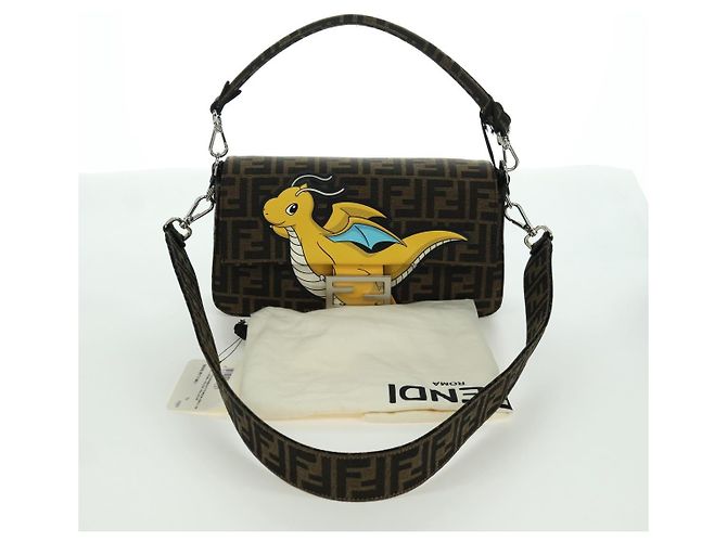 FENDI Zucca Tela Libellula FRGMT POKMON Mamma Baguette Nero Auth 167082SM Marrone - vista 12