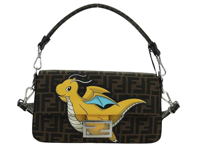 FENDI Zucca Tela Libellula FRGMT POKMON Mamma Baguette Nero Auth 167082SM Marrone - vista 13