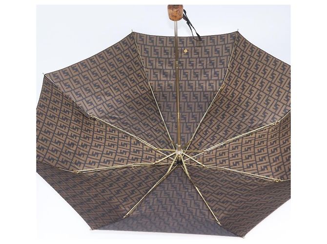 FENDI Guarda-chuva dobrável em lona Zucca Marrom Dourado Auth ARZ323A - vista 9