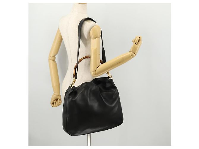 Borsa a Spalla in Pelle Gucci Bamboo 2way Nera Oro 001 1014 1577 Auth 172306 Nero D'oro - vista 24