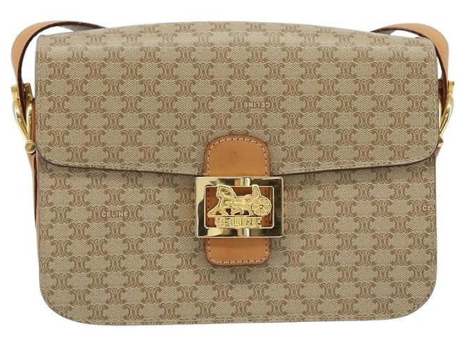 Céline Bolsa de ombro em lona Macadam Celine com estampa de carruagem PVC bege ouro Auth 172407 Dourado - vista 13