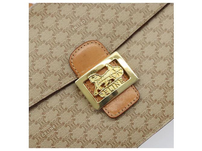 Céline Bolsa de ombro em lona Macadam Celine com estampa de carruagem PVC bege ouro Auth 172407 Dourado - vista 18