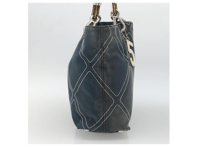 Borsa Tote CHANEL in tela blu navy con CC argento Auth bs33826 - vista 3