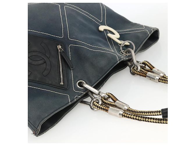 Borsa Tote CHANEL in tela blu navy con CC argento Auth bs33826 - vista 6