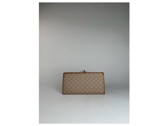 Céline Vintage Celine Paris Triomphe Monogram Leather Wallet Beige Brown - view 2