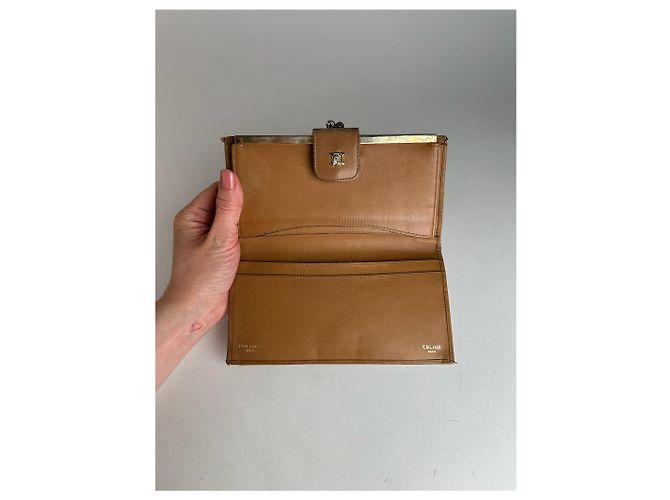 Céline Vintage Celine Paris Triomphe Monogram Leather Wallet Beige Brown - view 6