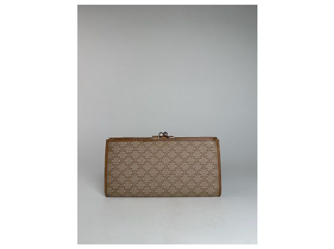 Céline Vintage Celine Paris Triomphe Monogram Leather Wallet Beige Brown - view 7
