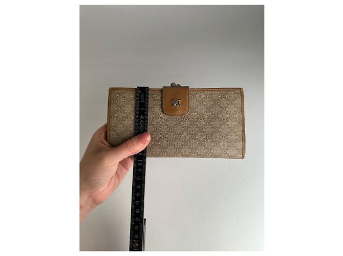 Céline Vintage Celine Paris Triomphe Monogram Leather Wallet Beige Brown - view 9