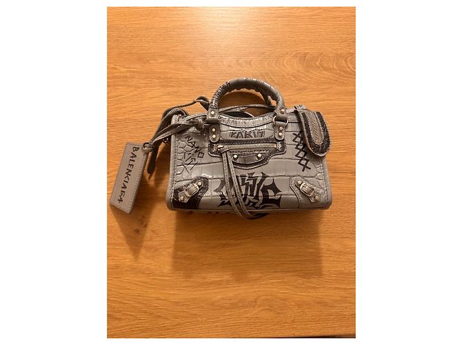 City Bolsa de mão Balenciaga em couro com efeito crocodilo e grafite Preto Cinza - vista 3