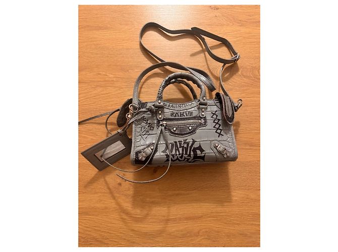 City Bolsa de mão Balenciaga em couro com efeito crocodilo e grafite Preto Cinza - vista 4