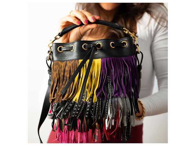 Saint Laurent Emmanuelle Bag Small Leather Fringe Bucket Crossbody Multicolour Black - view 15