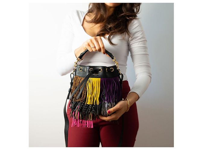 Saint Laurent Emmanuelle Bag Small Leather Fringe Bucket Crossbody Multicolour Black - view 2