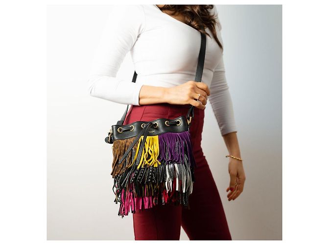 Saint Laurent Emmanuelle Bag Small Leather Fringe Bucket Crossbody Multicolour Black - view 3